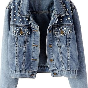 Tanming Embroidered Pearl Beading Demin Jean Jacket